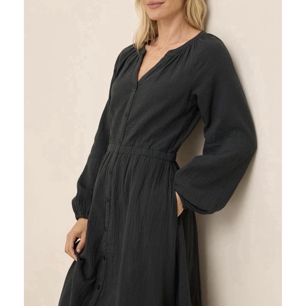 PACT Coastal Double Gauze Poet Sleeve Midi Dress XL Black Organic Cotton Dress - Picture 4 of 7